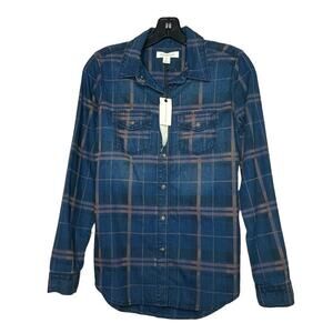 Treasure & Bond Blue and Brown Plaid Fall Denim Button Down Shirt Size XS New